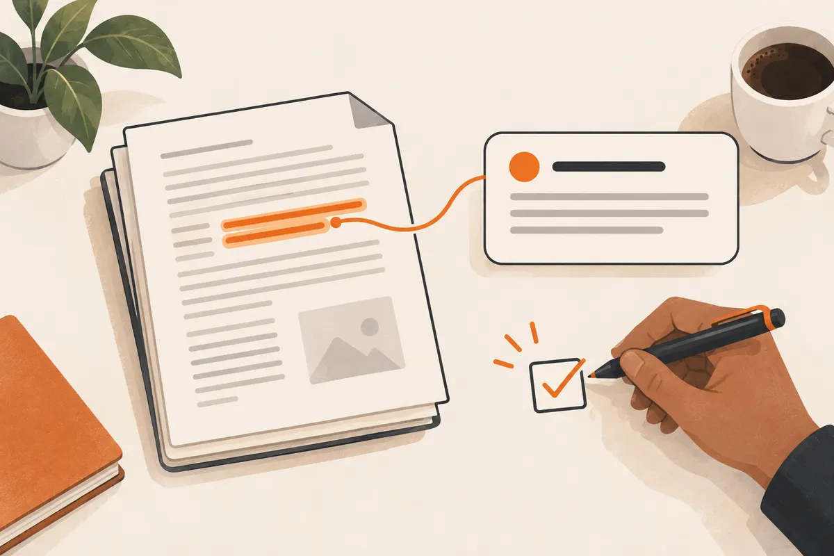 Un document dont un passage est surligné en orange, relié à une réponse affichée dans une fenêtre, et une main qui coche une case pour valider.